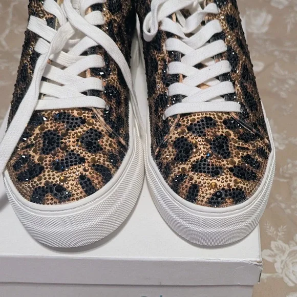 Betsey Johnson Leopard Sequin Platform Sneaker in Gold and Black - Picture 2 of 3